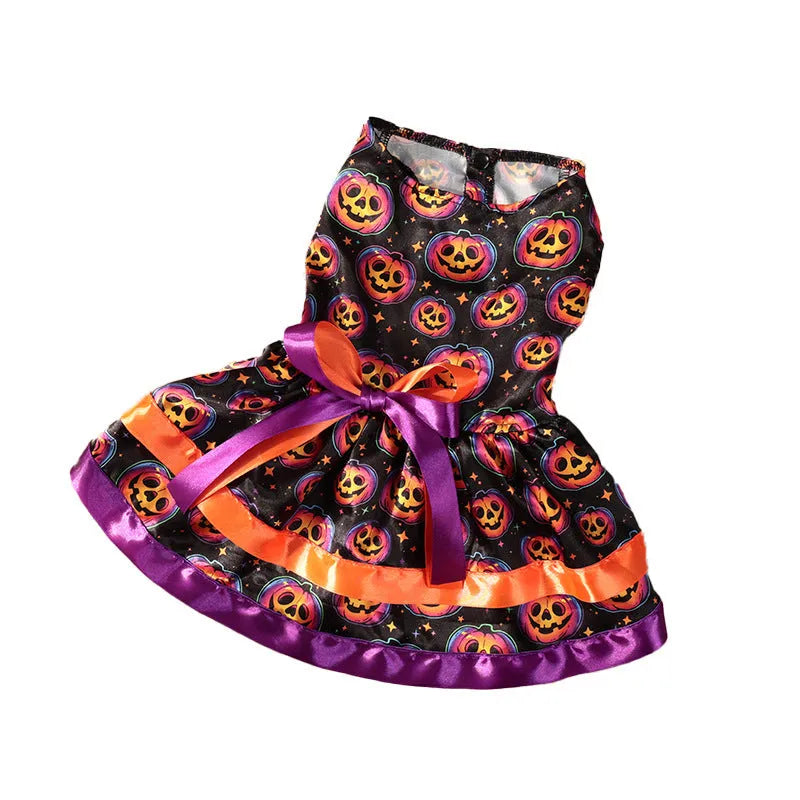 Colourful Halloween dog skirt with pumpkin or skull design, double-layer polyester construction