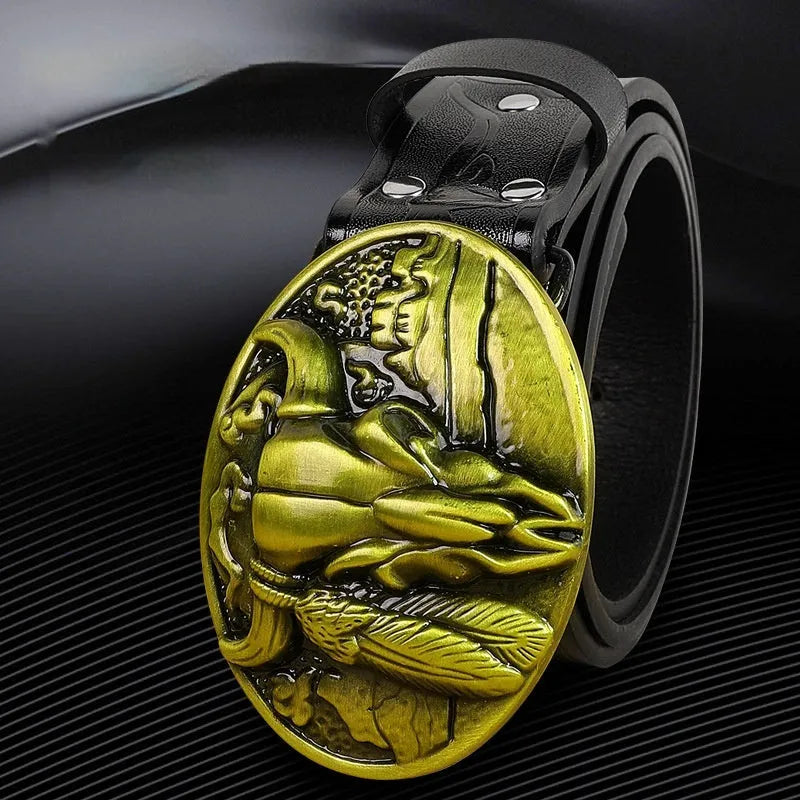 Men's cow head buckle belt in imitation leather with alloy buckle showing embossed detailing
