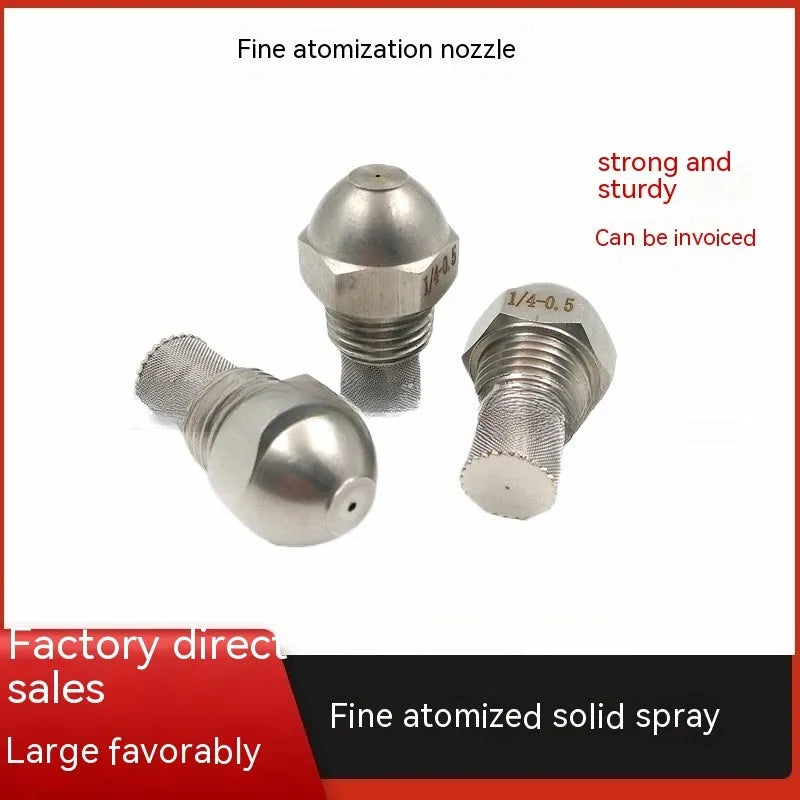 304 stainless steel two-point spray nozzle with 1/4 inch thread and selectable aperture sizes for atomisation.