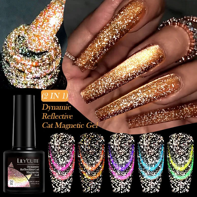 Cat eye series nail polish gel with diamond fragments and glitter in six fluorescent colour options