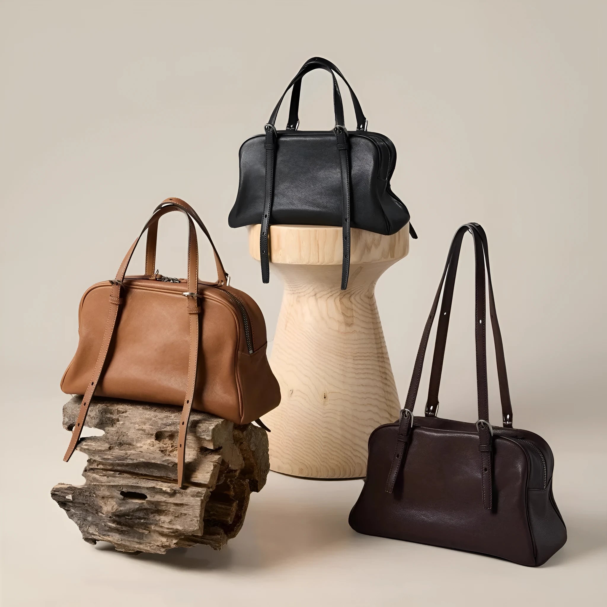 Women's retro style genuine leather shoulder bag in horizontal square silhouette with double straps