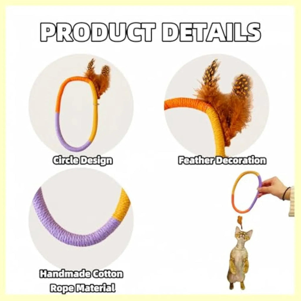 Green circular cotton rope cat toy with white feathers attached for chewing and interactive play.
