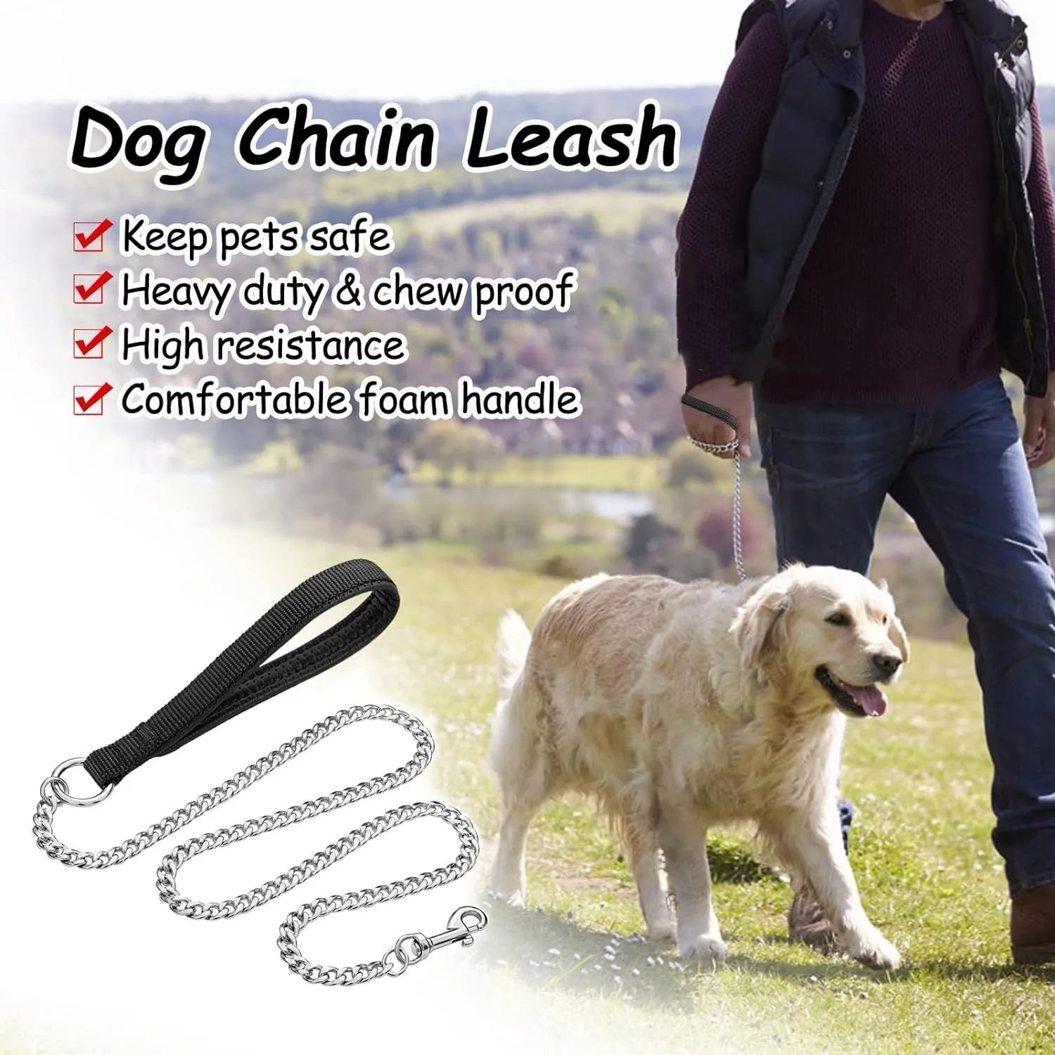 Heavy duty metal dog leash chain with soft padded handle in black, blue, or red for large medium dogs