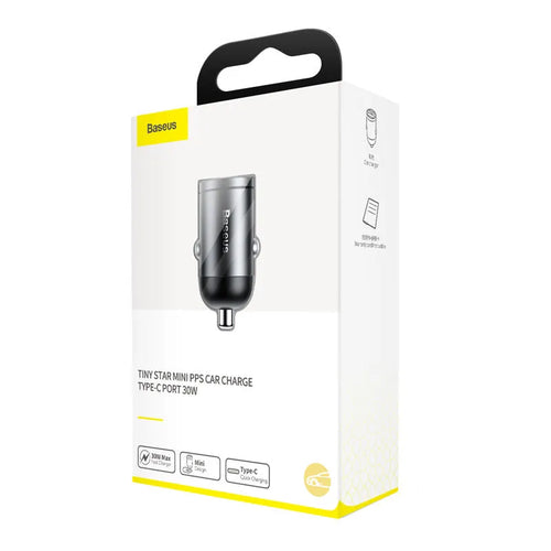 Baseus Huixiaoxing grey 30W car charger with 1-metre cable plugged into vehicle socket