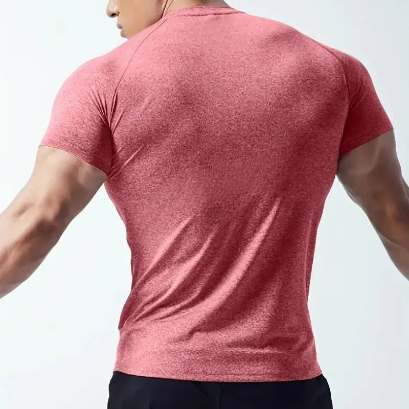 Men's quick-dry stretch t-shirt in polyester fabric, round neck short sleeve design