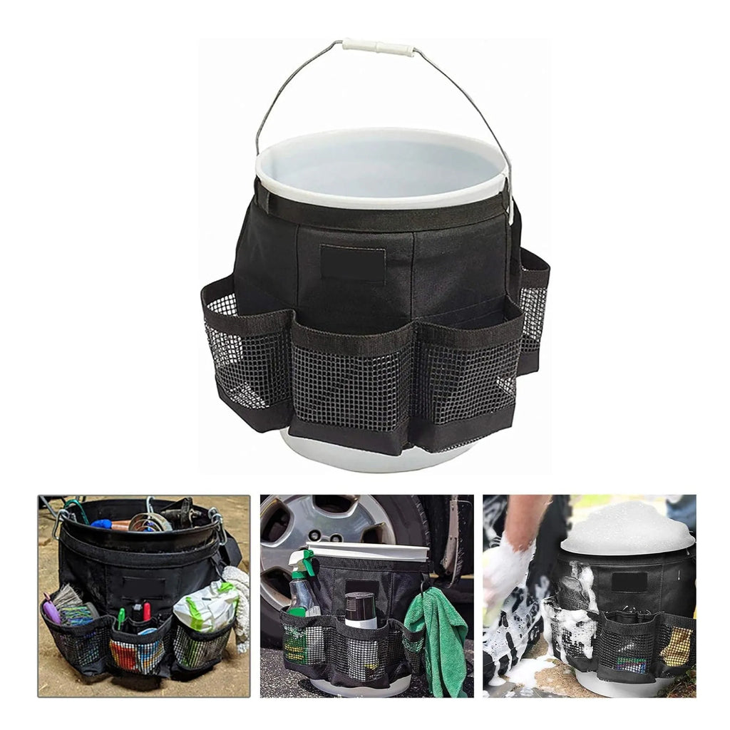 Black polyester hanging storage bag designed for a 5-gallon barrel, showing cylindrical shape.