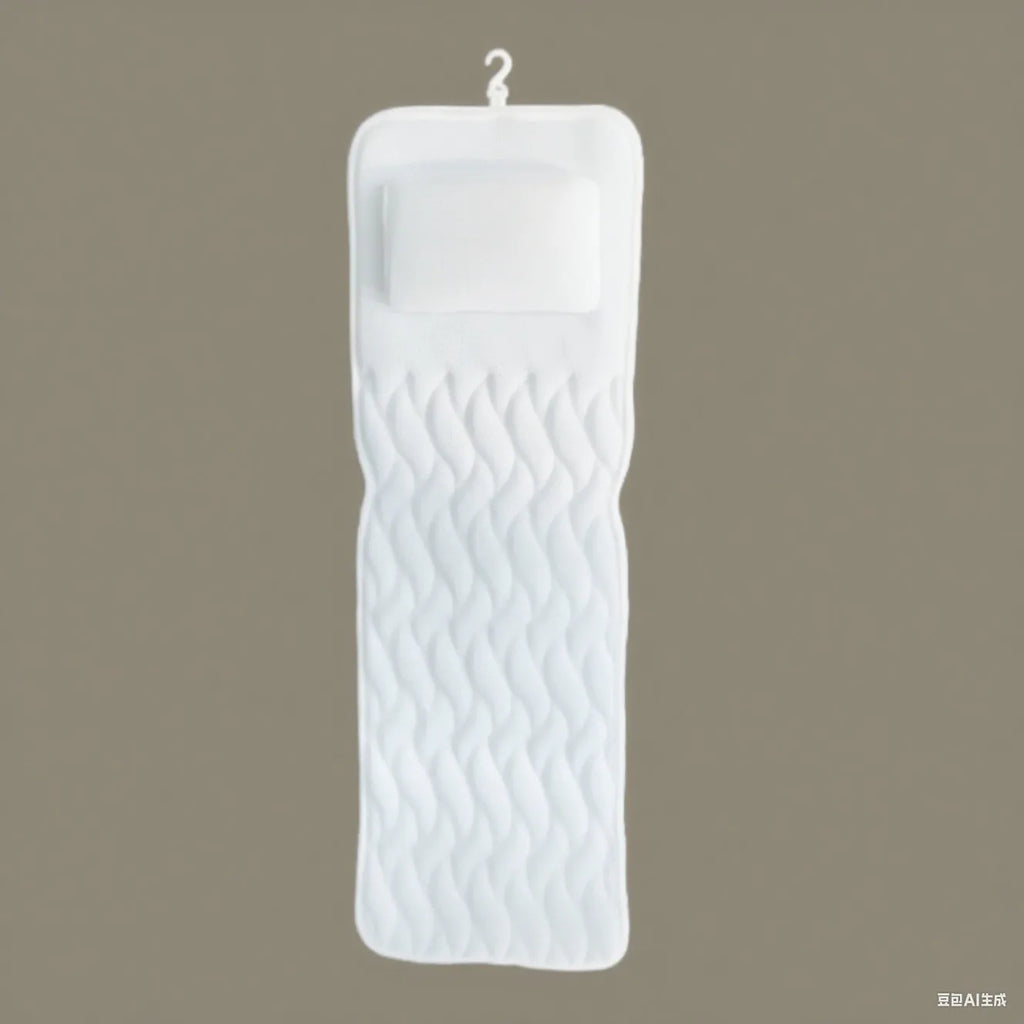 White bathtub pillow with mesh fabric and suction cups on a bath mat.