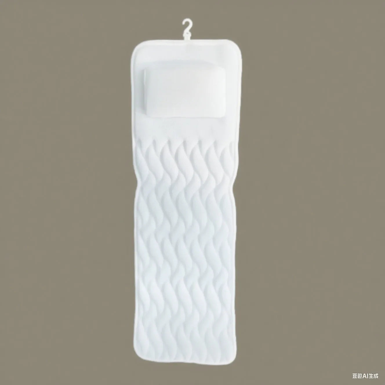 White bathtub pillow with mesh fabric and suction cups on a bath mat.