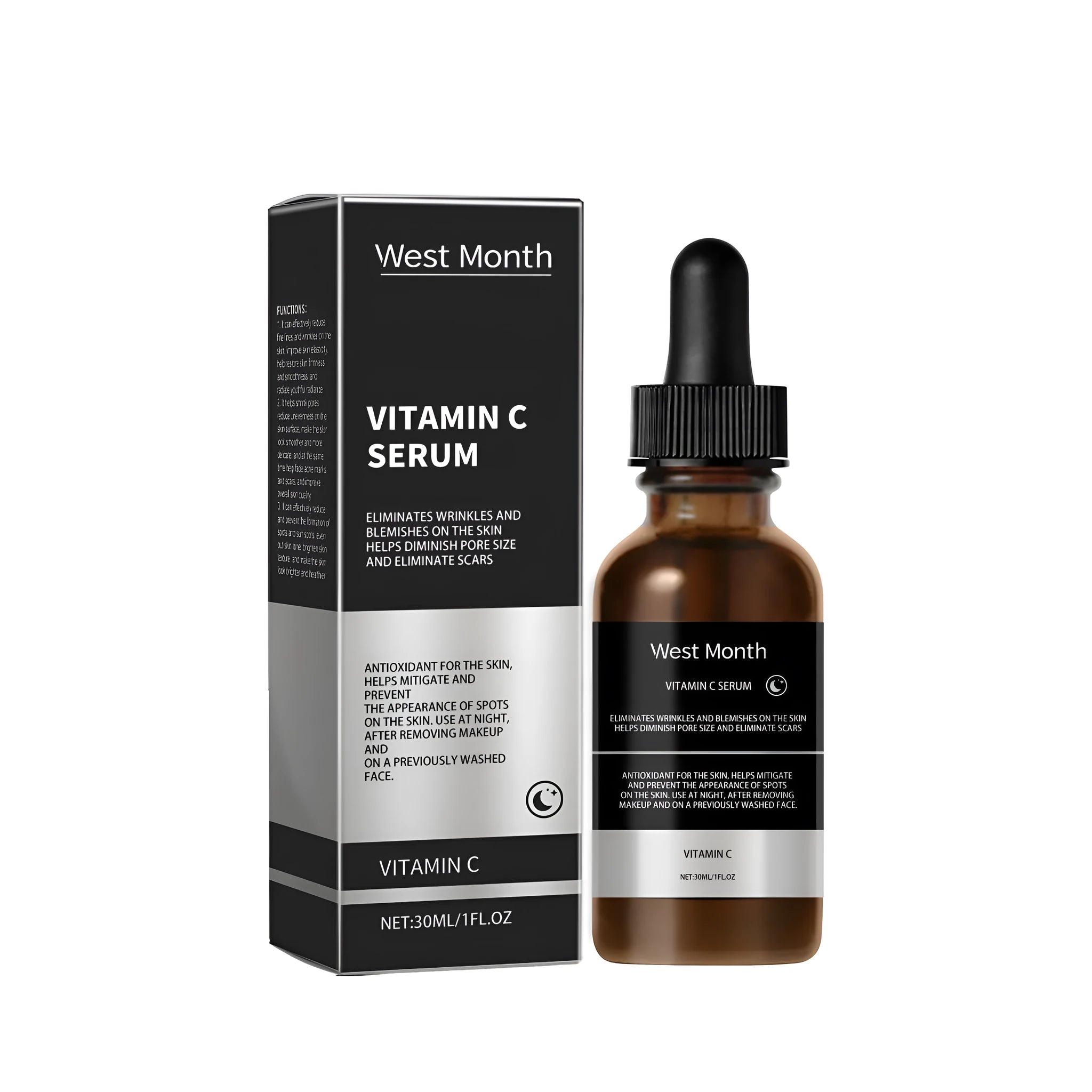 30ml vitamin C serum bottle with ascorbic acid vitamin E and nicotinamide on white background