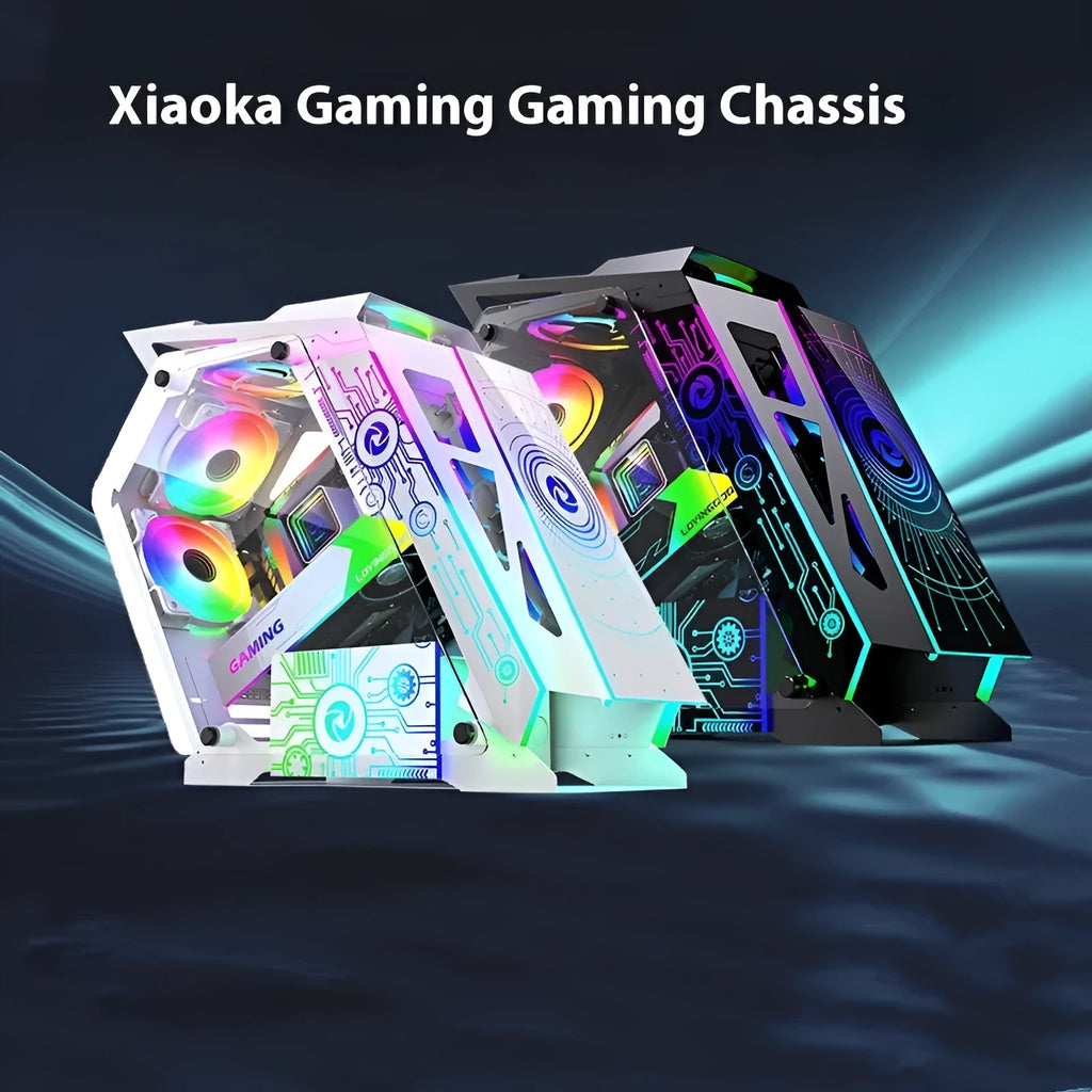 Table-type e-sports computer case metal chassis with RGB fan lighting on a desk
