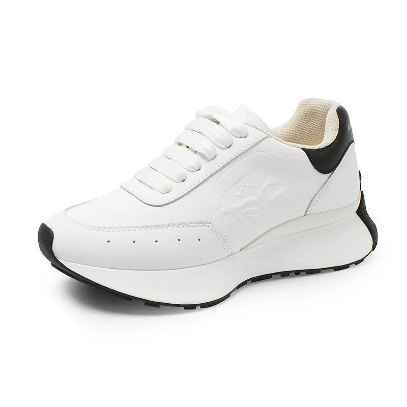Women's leather sports casual shoes white tail colour, high top raised bottom, two-layer cowhide upper, round toe lace-up