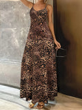 Dark brown leopard print sleeveless dress with round neck and shoulder straps in milk silk fabric