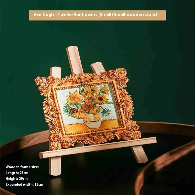 DIY oil painting kit showing Van Gogh's Starry Night reproduction on canvas with acrylic paints and wooden frame