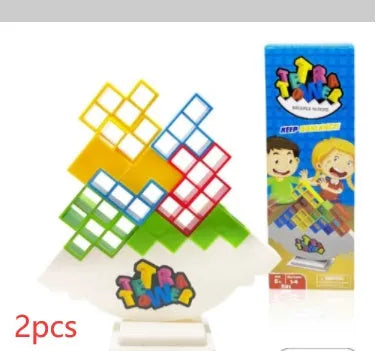 Balance stacking game with 16 plastic building blocks, chassis, and base on a table
