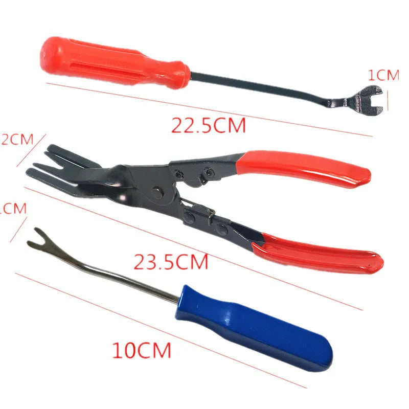 Red-handled steel automotive trim removal pliers for General Motors door panels.