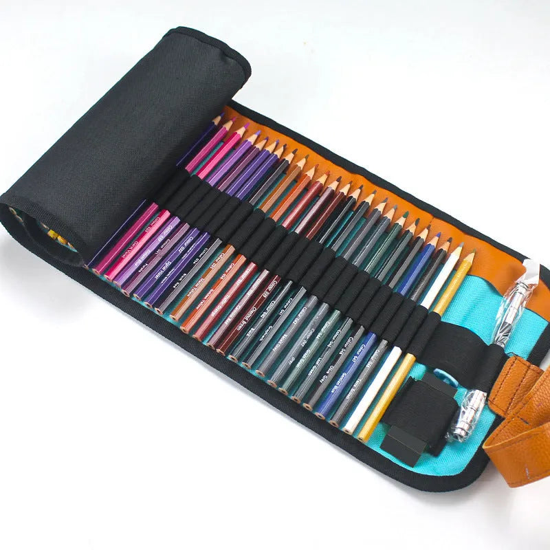 Set of 50 wooden coloured pencils for oily painting in a fabric case, showing natural basswood barrels.