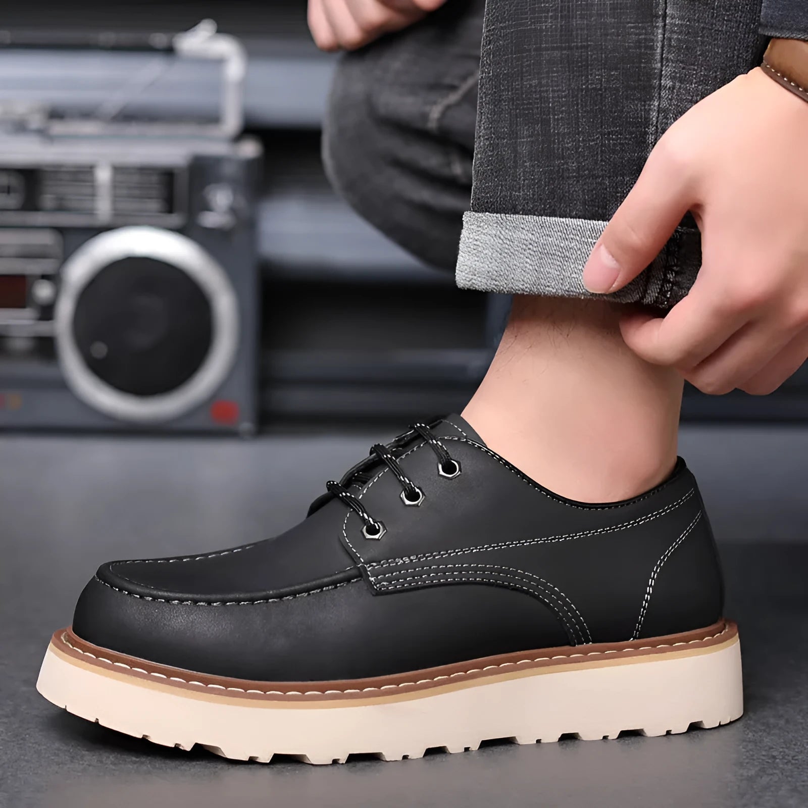 Men's black low-top Martin boots with a rounded toe and a textured rubber sole.