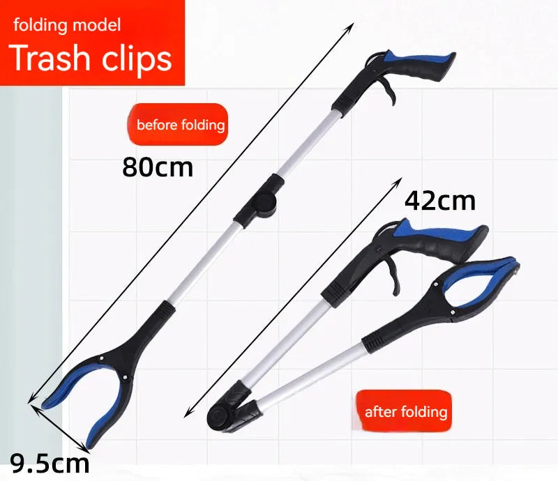 Foldable aluminium rubbish pick-up claw with blue handle, shown extended and with magnet sucker.