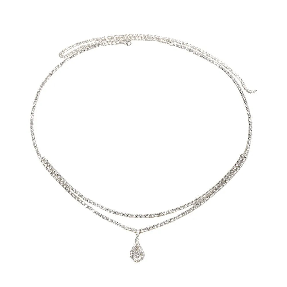Gold waist chain with rhinestone water drop pendant and adjustable lobster clasp