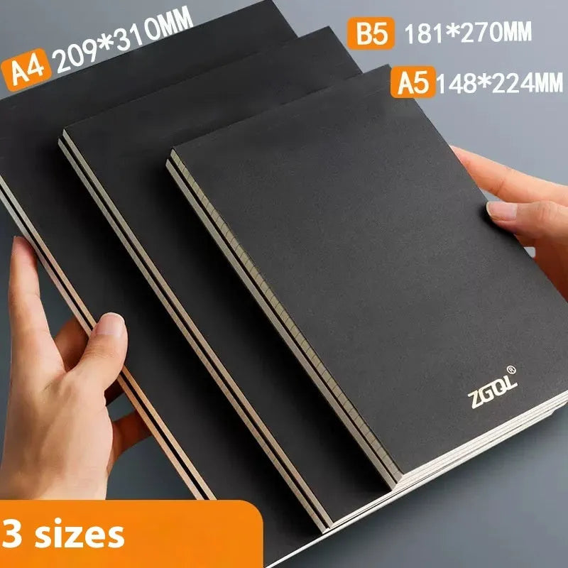 Set of A5, B5, and A4 writing pads showing blank, grid, and horizontal line page styles.
