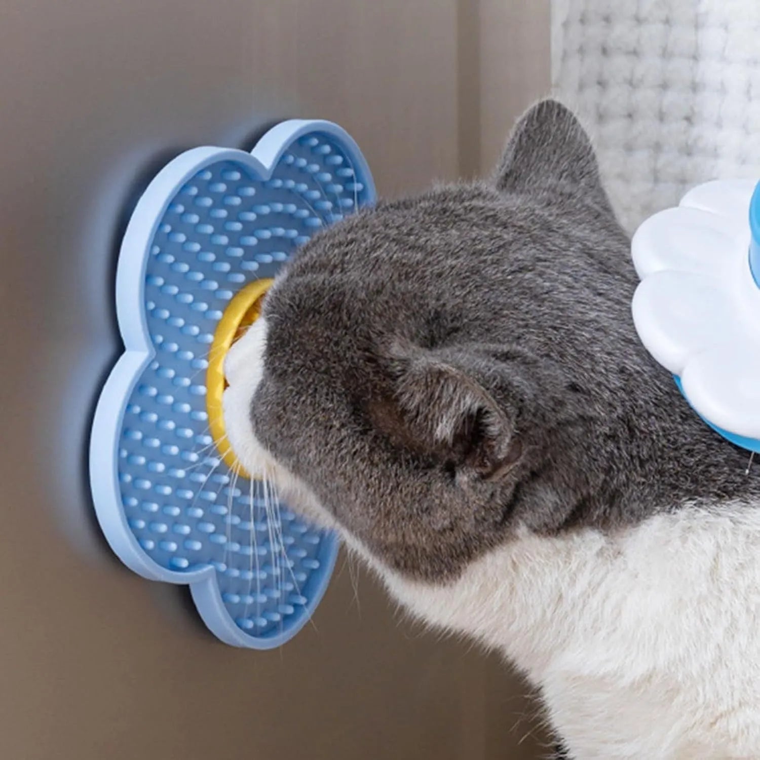 Flower-shaped silicone pet licking mat with suction cups on back in blue, grey, pink, purple, or red