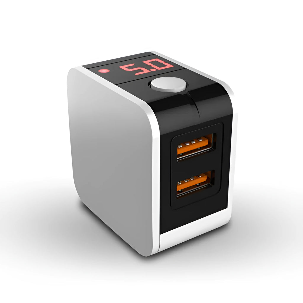 5V2A dual USB fast charger with digital display in black, available with UK plug