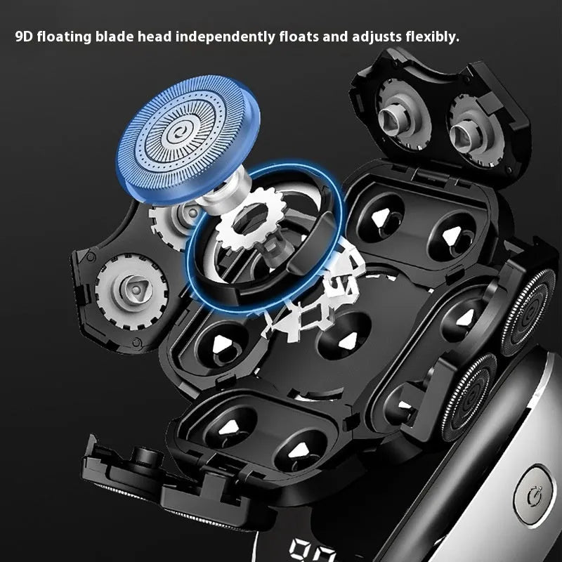 Black rechargeable 6-in-1 hair clipper set with multiple grooming attachments on display