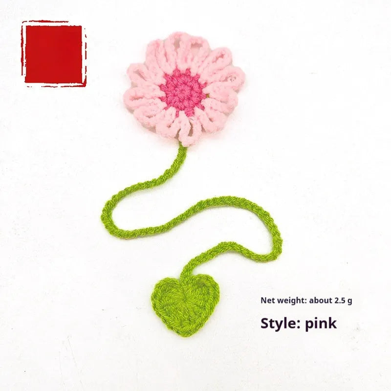 Hand-crocheted daisy design wool bookmark with flexible wire core in various colour options