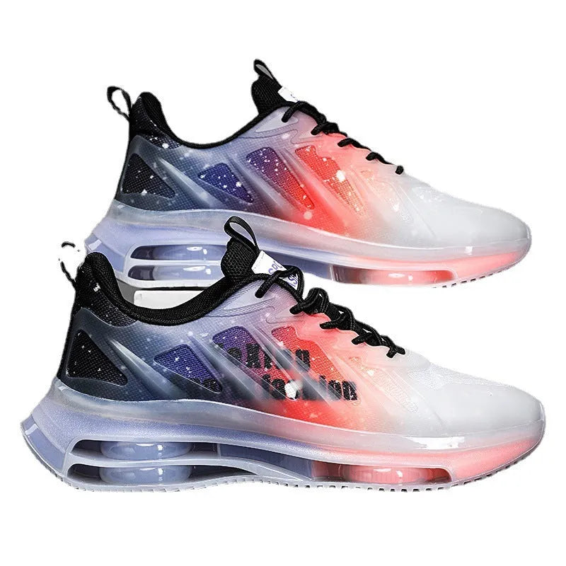Men's grey and orange platform casual sneakers with mesh upper and lace-up front.