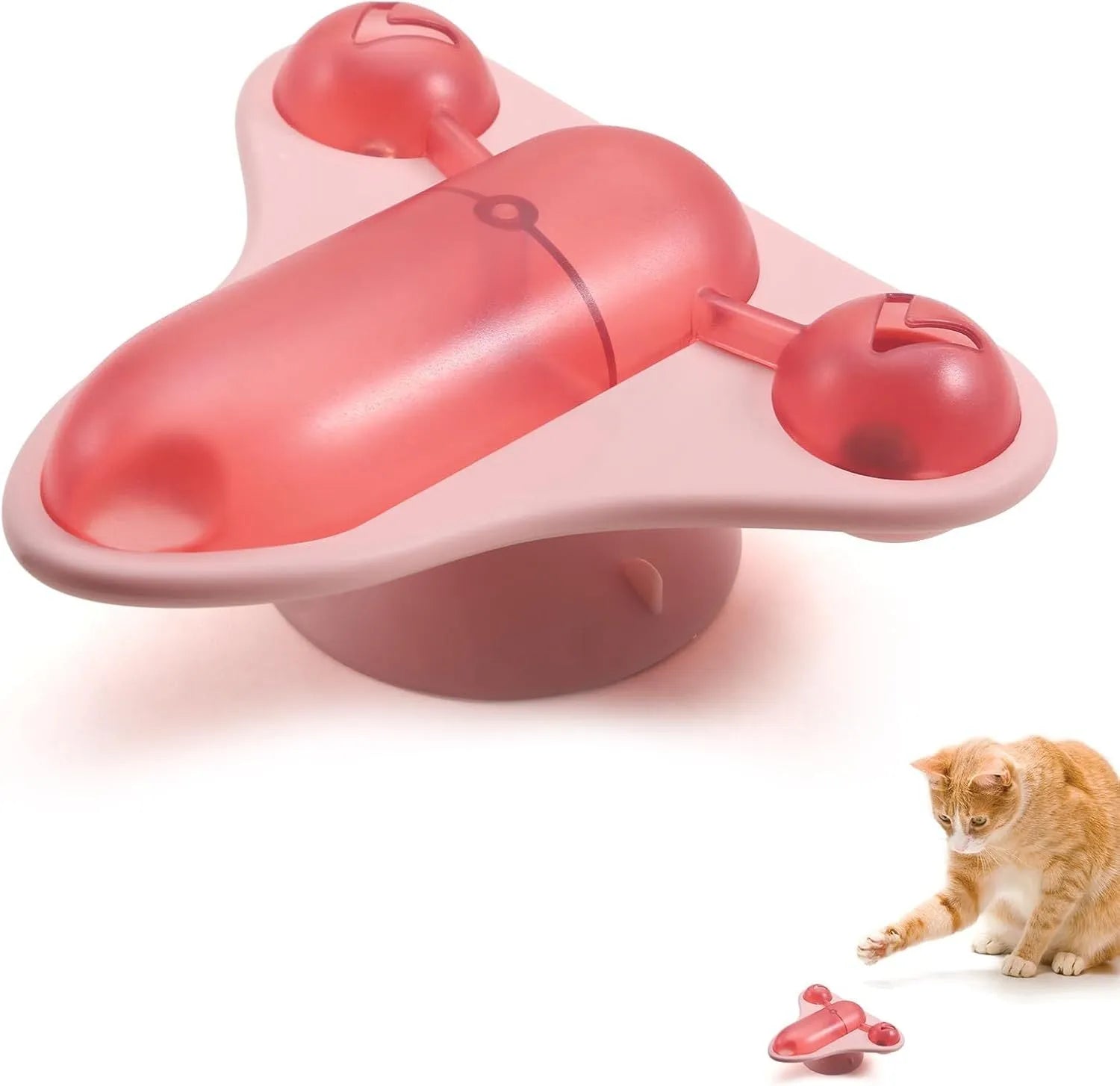 Blue interactive pet puzzle toy with a spinner, snack cabin, bell, and suction cup base on a floor.