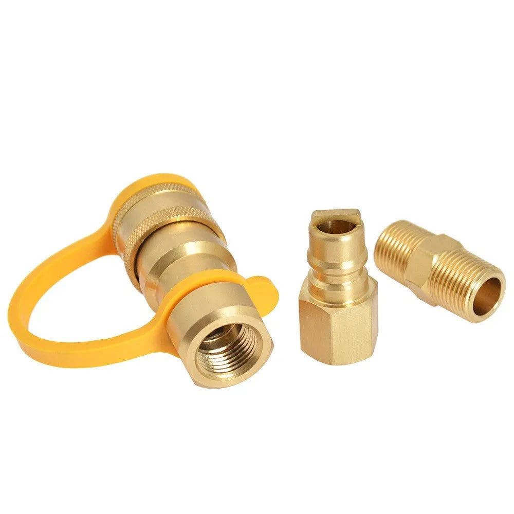 Solid brass propane gas tank charging connector with 3/8 inch US standard threads.