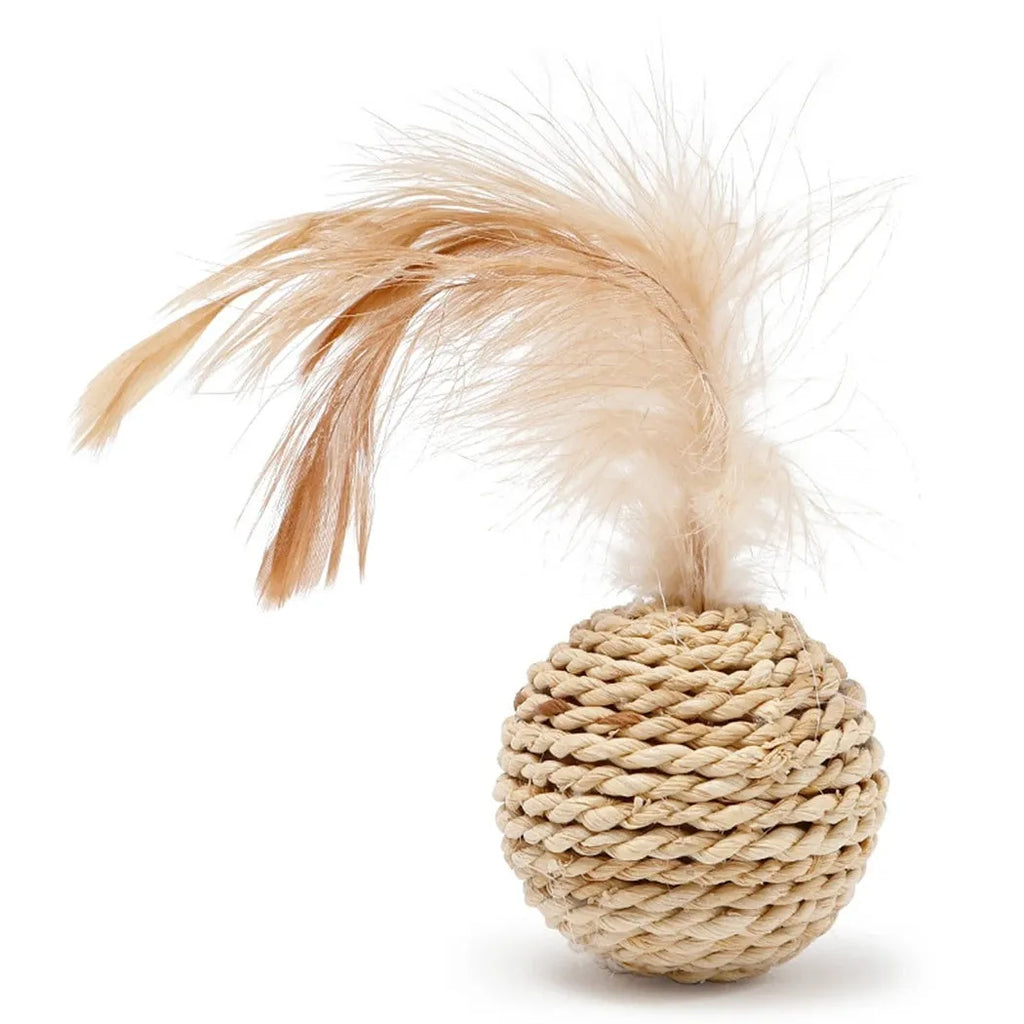 Two cat toys: a hollow rattan ball and a faux feather ball with a bell on a white background.