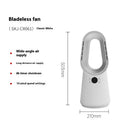 White bladeless tower floor fan with USB port and touch screen controls on a sleek column.