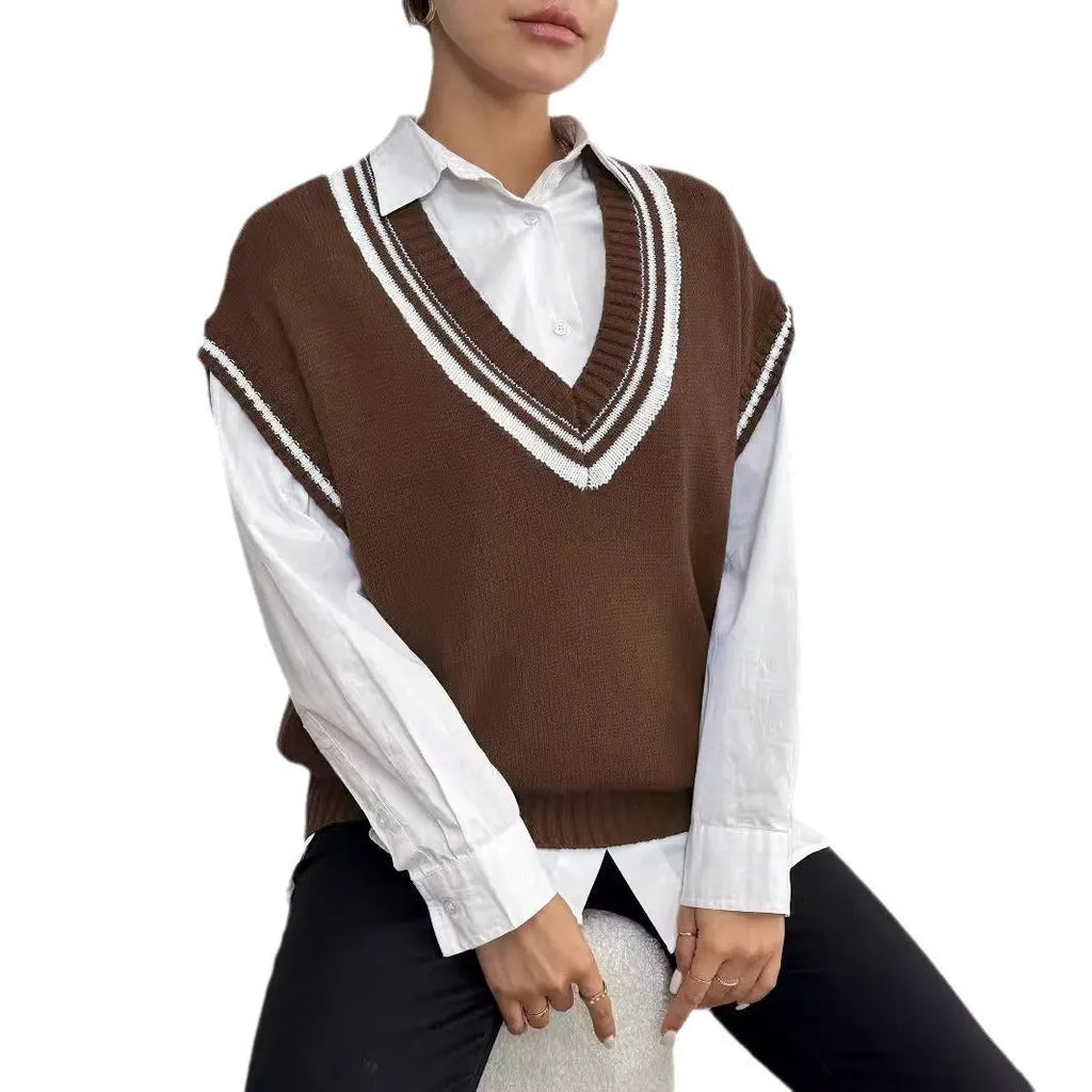 Women's casual acrylic blend vest sweater in blue colour with loose college style design