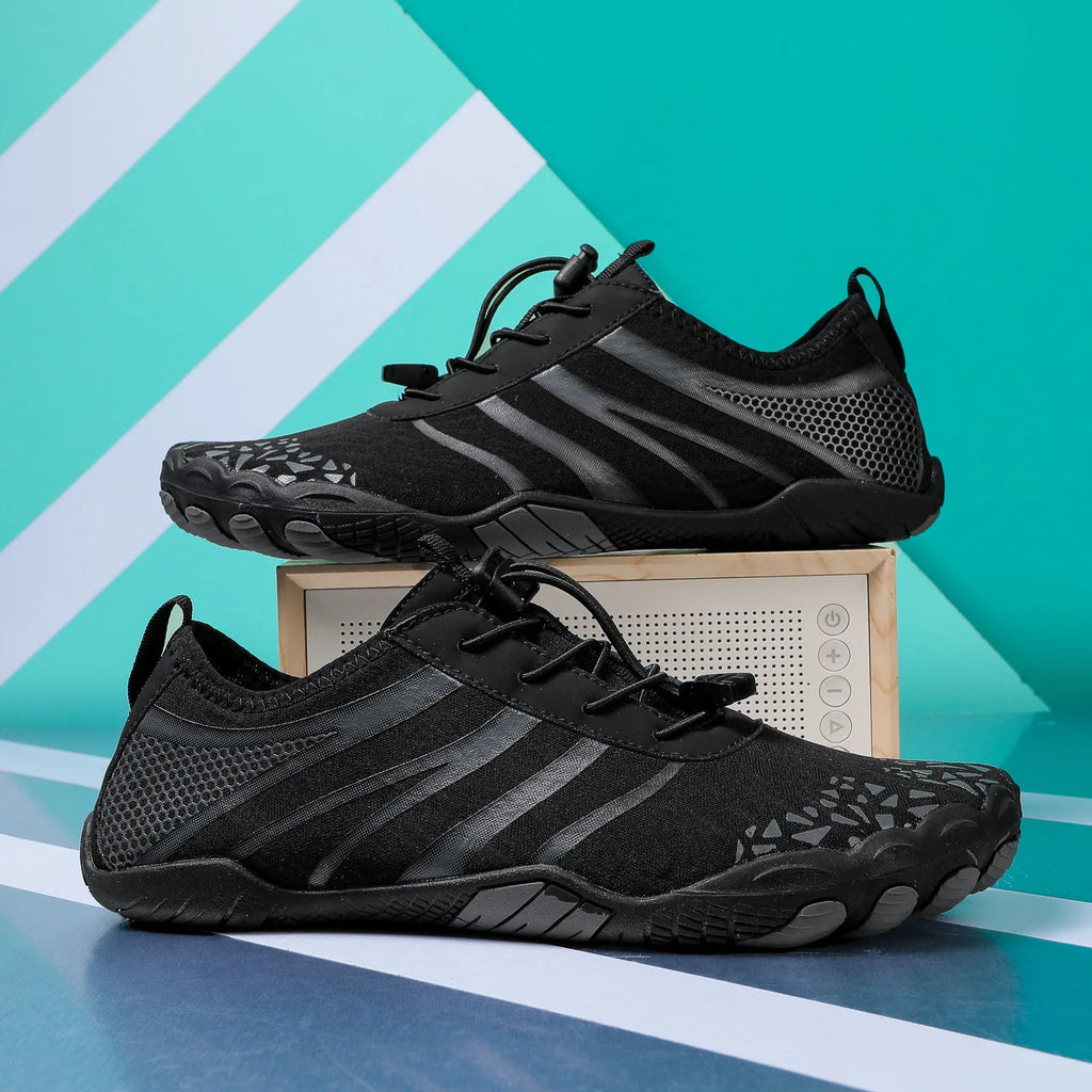 Casual unisex beach running shoes in Lycra stretch fabric, shown in beige, black, blue, grey, and white powder colour options.