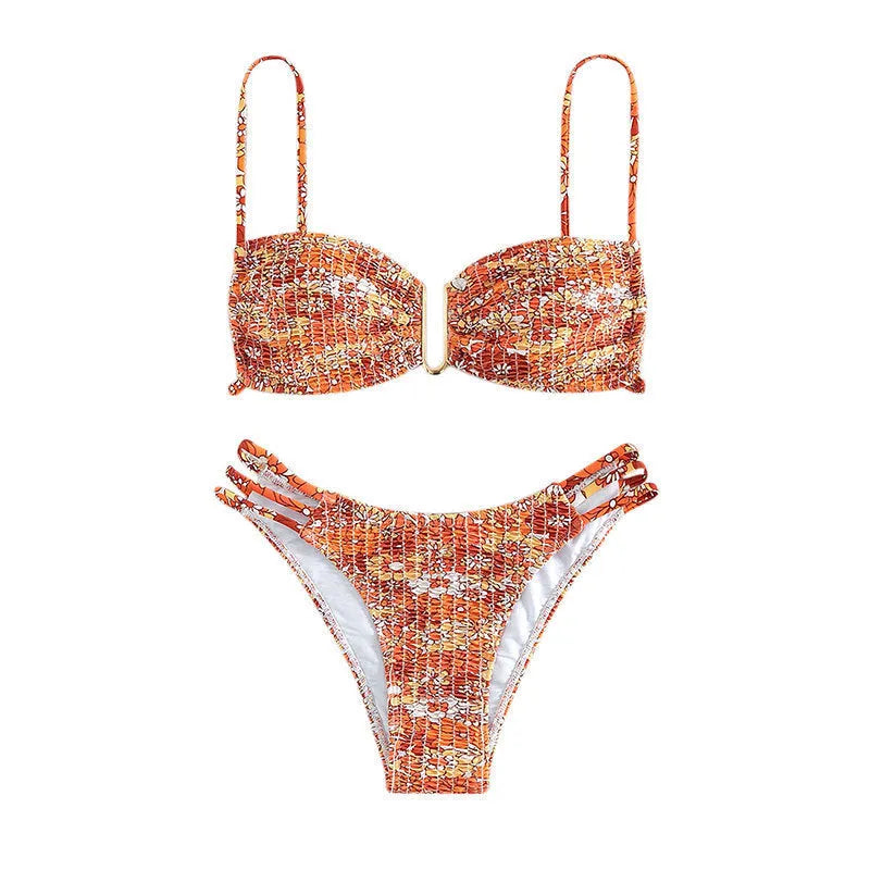 Women's floral bikini swimsuit in orange, blue and rose red colours with high-waist design