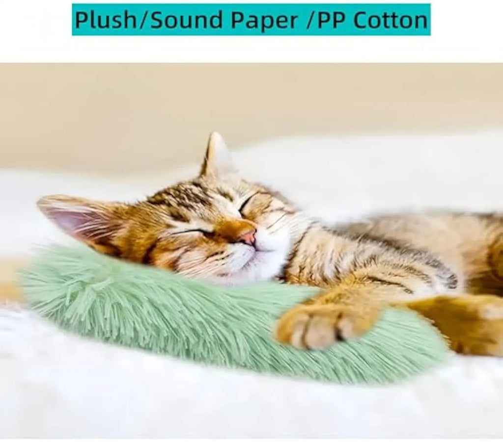 Soft plush interactive cat toy pillow in assorted colours with crinkle sound and catnip filling.