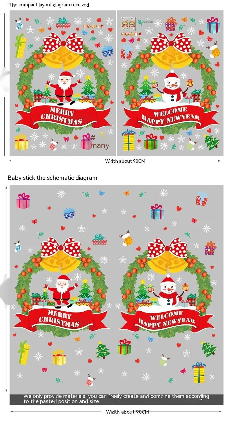 Two large 60x45cm colourful Christmas wall stickers with cartoon designs for electrostatic window application.