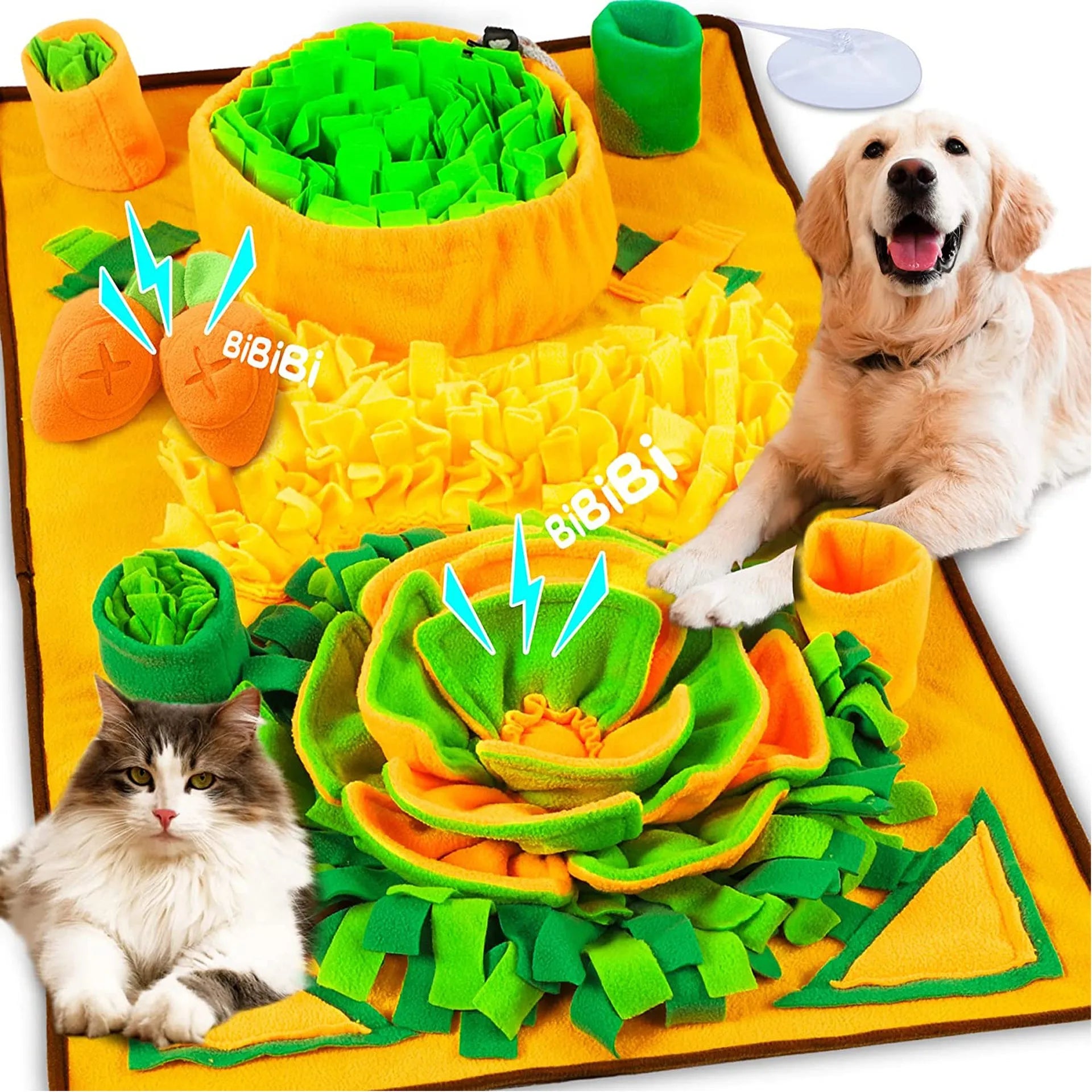 Large green plush snuffle mat for dogs to sniff treats from folds during interactive feeding