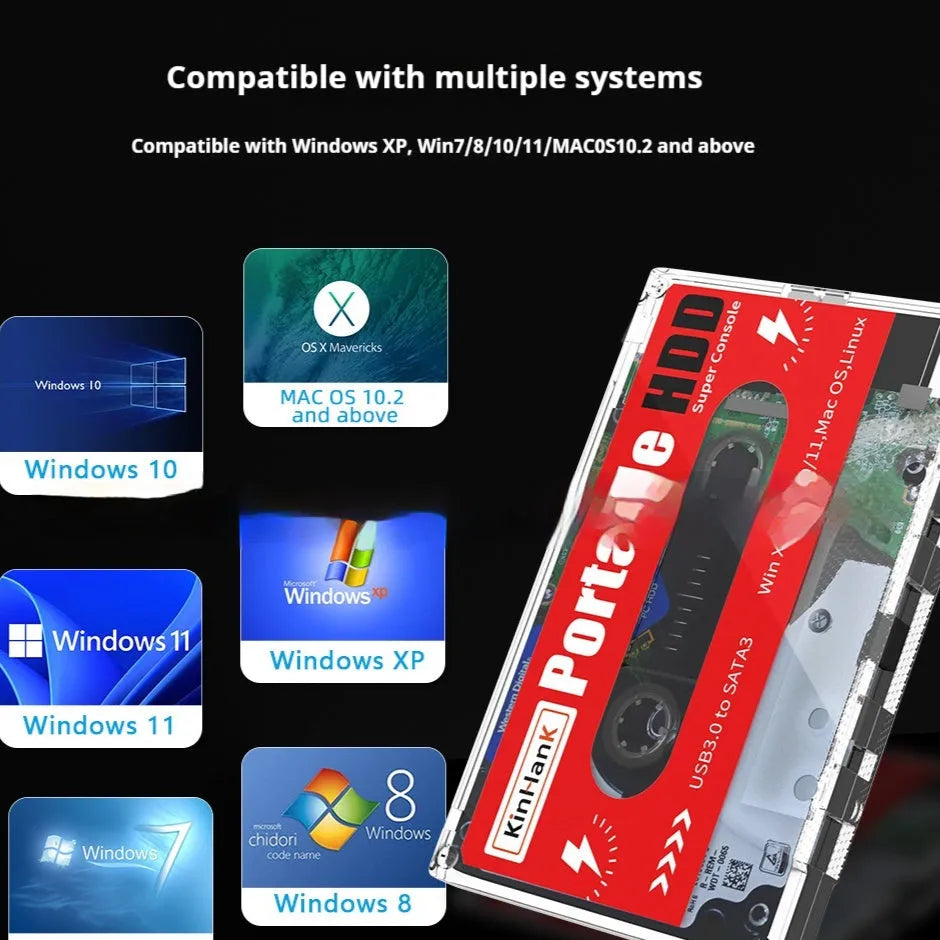 2TB external mechanical hard drive for PC games with USB cable, dimensions 12.8cm x 8cm.
