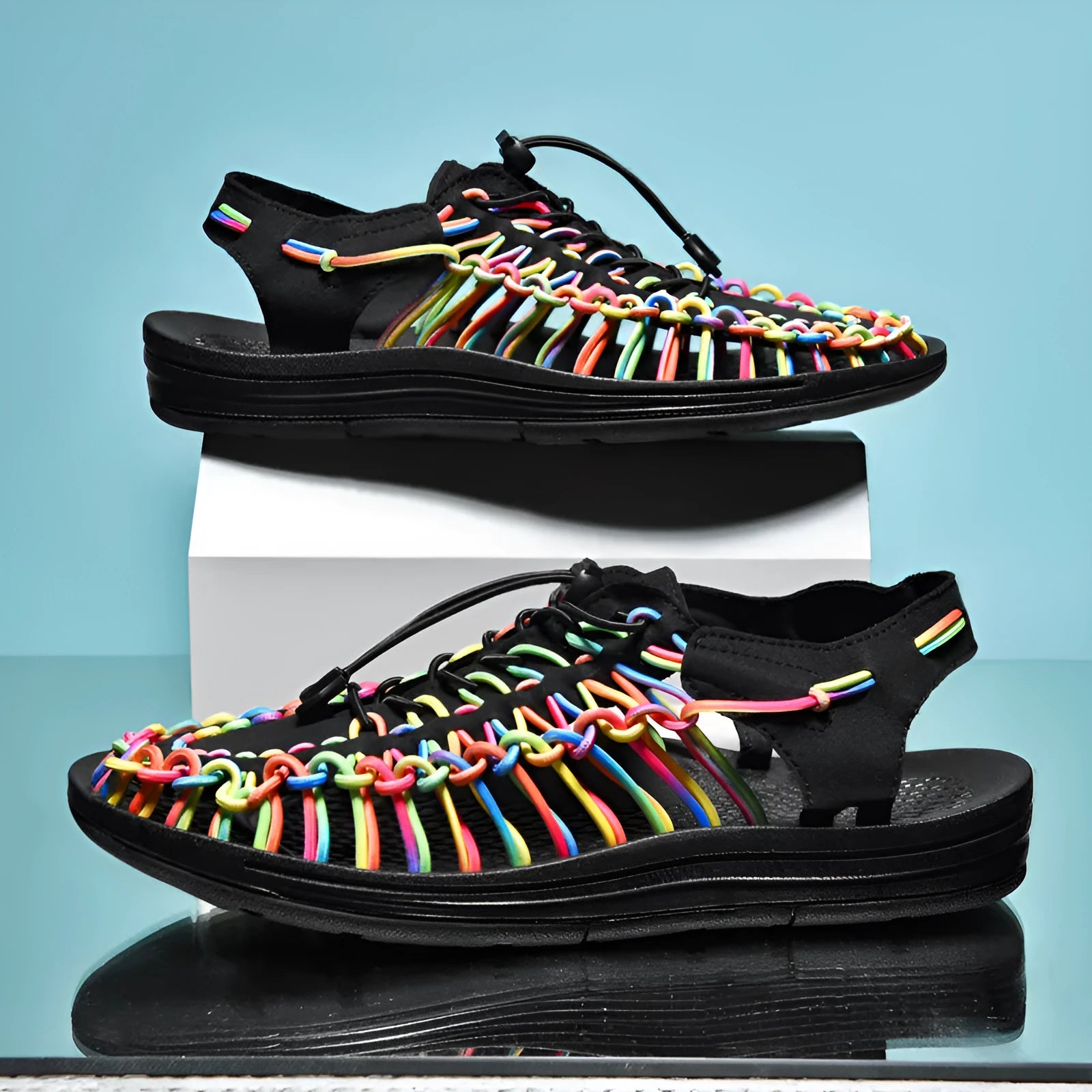 Woven sandals with drawstring tie and rubber sole in multiple colour options