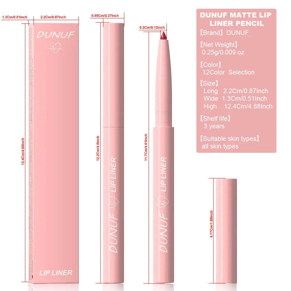 Velvet matte lip liner pencil in 12 different colour shades for precise lip definition