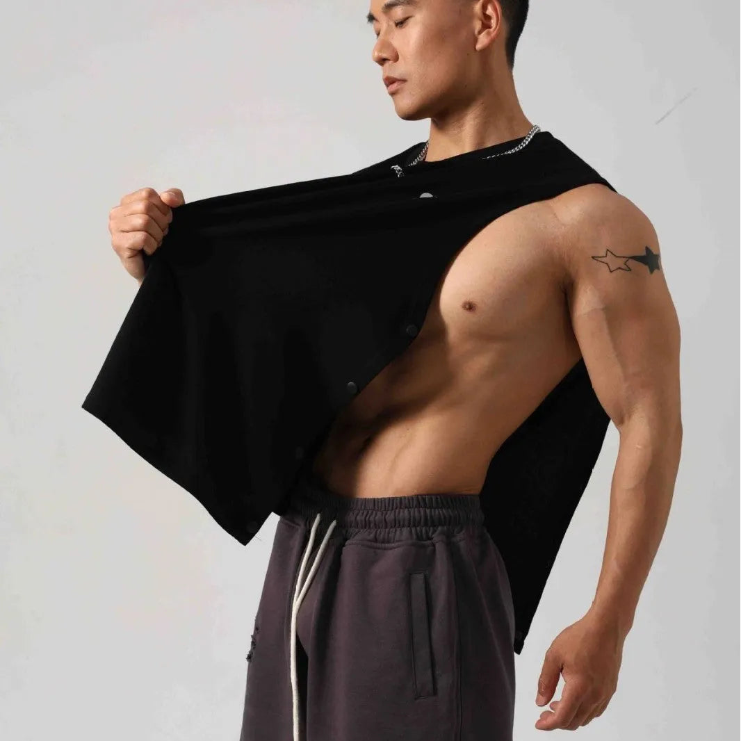 Men's Korean style loose fitness vest with two-side hidden hook opening in solid colour
