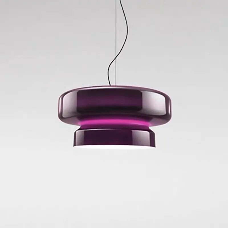 Modern square glass chandelier ceiling light with colour filters in milky white, purple, green, and brown.