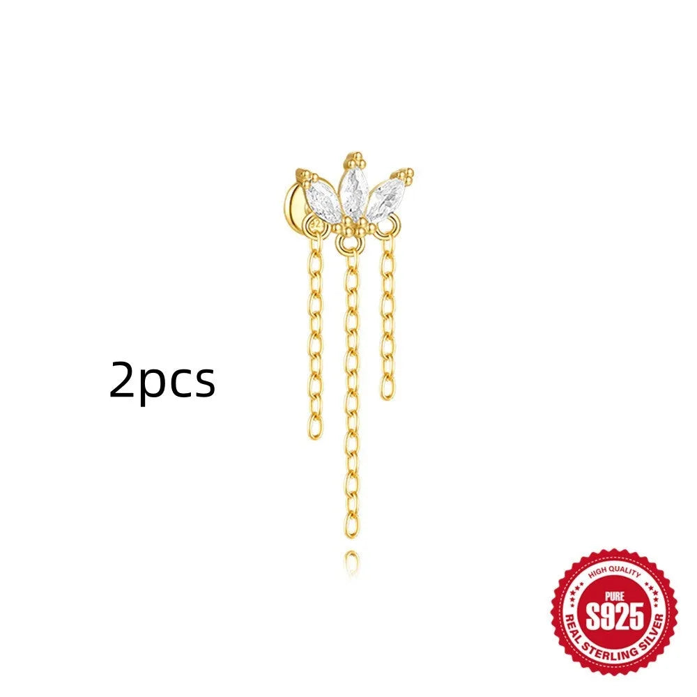 S925 sterling silver geometric kite earring with rhinestone chain tassel in a gold colour finish.