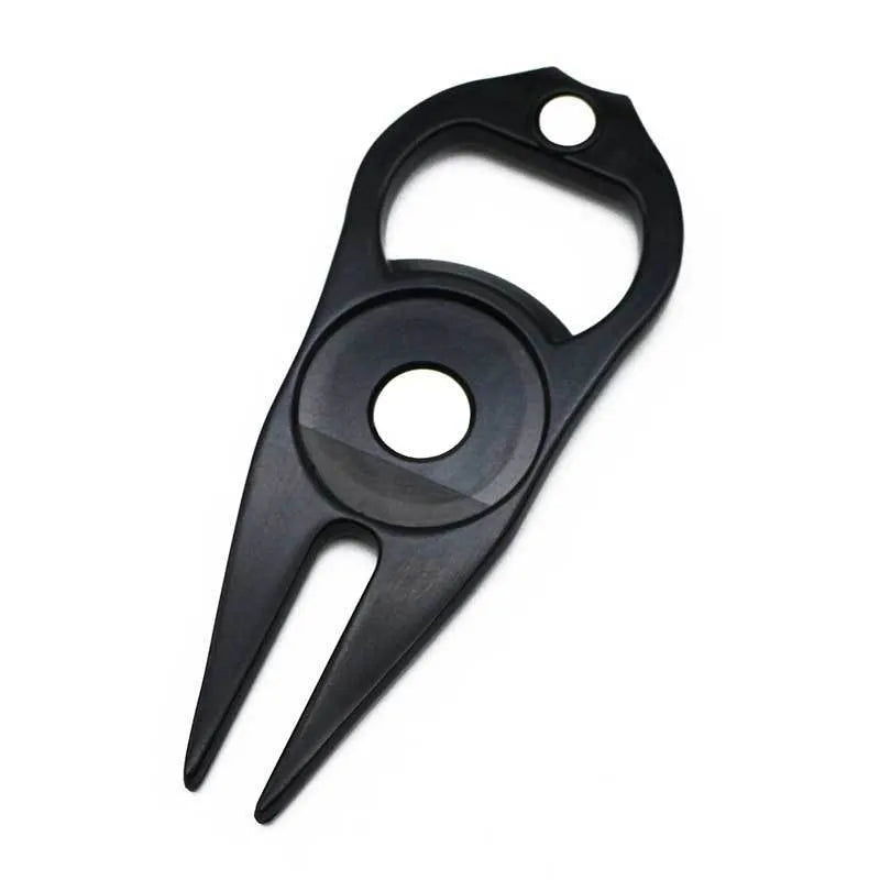 Zinc alloy golf ball fork bottle opener with ball marking yoke measuring 88mm x 35mm