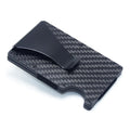 Geometric aluminium carbon fibre card holder with 8mm thickness showing black silver red colour options