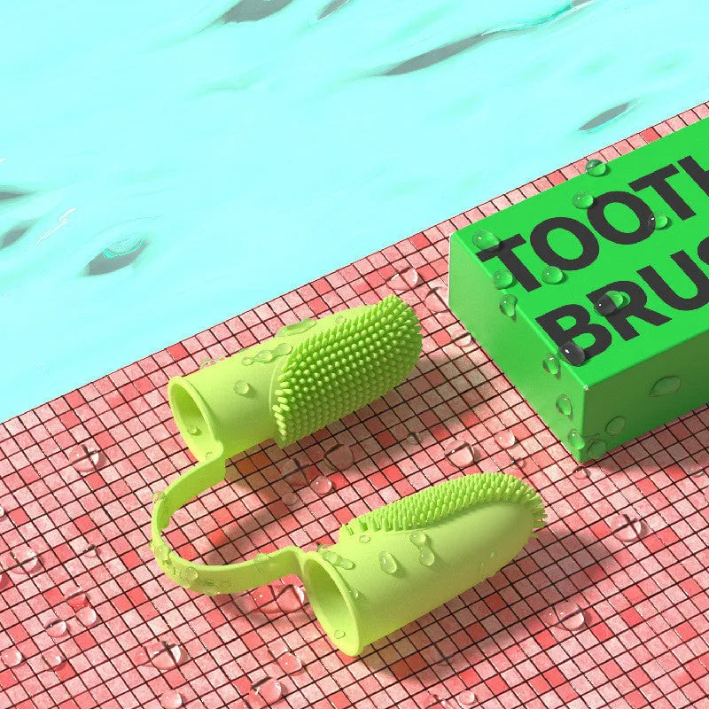Pet dental cleaning finger brush set in pink, blue green and grass yellow with double finger design and TPR bristles