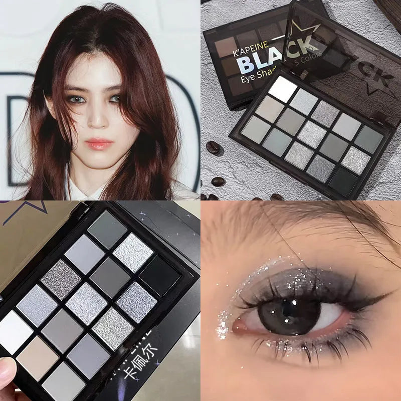 15 colour matte eyeshadow palette with grey, black and brown shades for smoky eye makeup