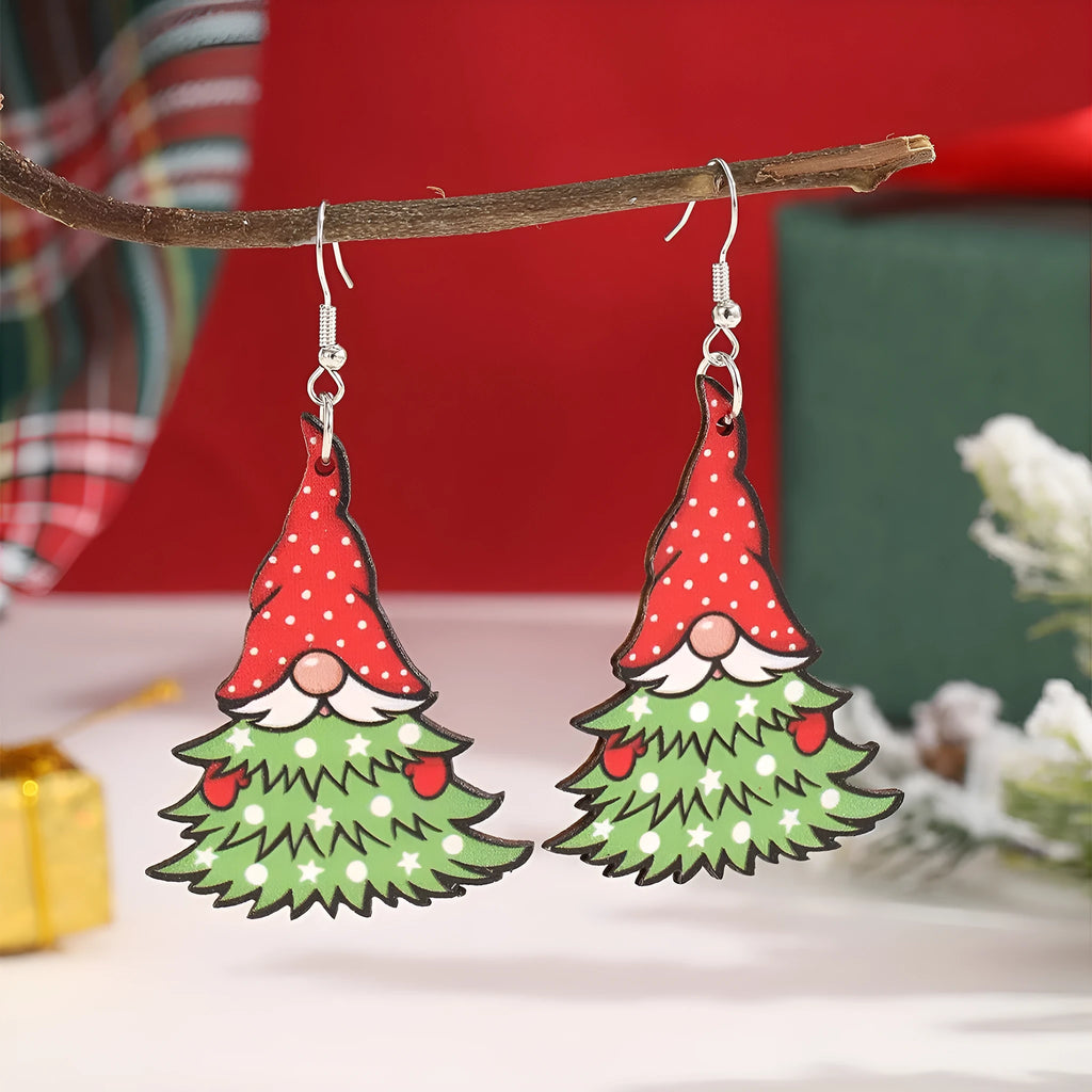 Wooden Christmas earrings showing Christmas tree design and water drop snowman design with festive printing
